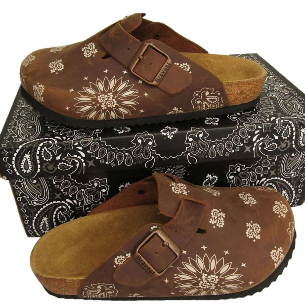NEW BRAVEST STUDIOS Women's Paisley Mules Slip-On Casual Brown Leather Size 6